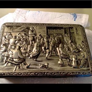 Antique Embossed Biscuit Tin - David Teniers